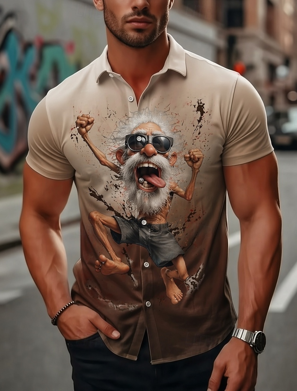 Men's Guitarist Player Cartoon Character Old Man Shirt Summer Shirt Button Up Shirt Short Sleeve Funny Vintage Retro Daily Outdoor Vacation Summer Spring Turndown 3D Print Collared Shirts Blue Violet