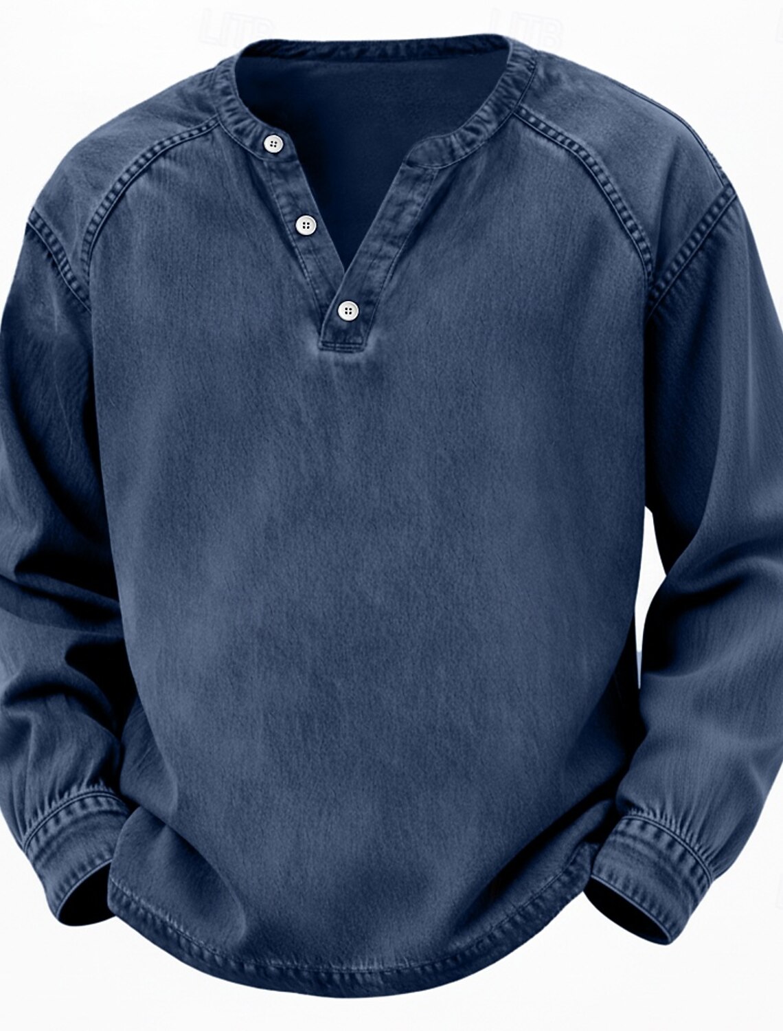 Men's T Shirt Henley 100% Cotton Acid Wash Tee Top Long Sleeve Plai #2