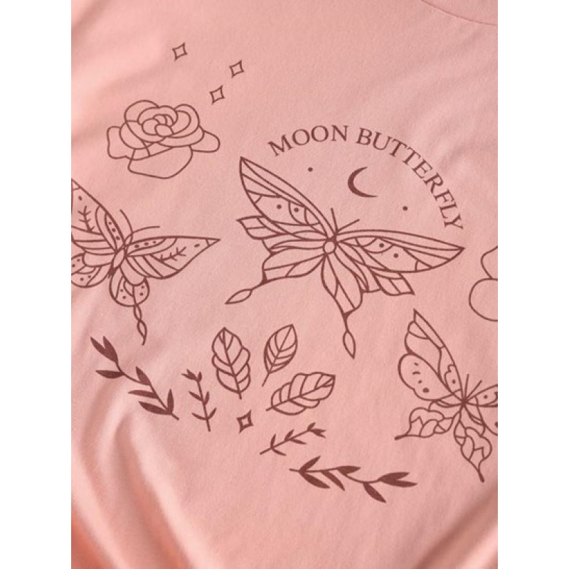 Moon Butterfly Print Drop Shoulder Oversized T Shirt GA5895