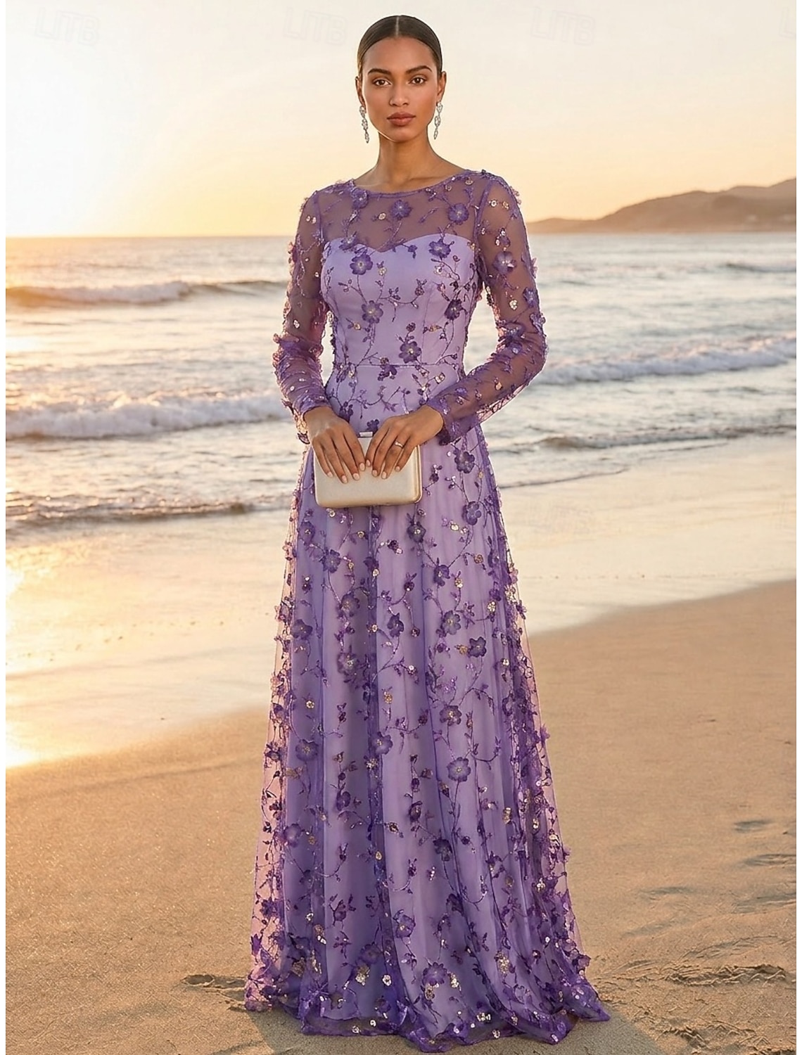 A-Line Dress Floor Length Party Dress Cocktail Dress Mother of the Bride Dress Long Sleeve Crew Neck Elegant Vintage Luxurious Formal Wedding Guest Engagement Party Lace Tulle with 3D Flowers Pleats