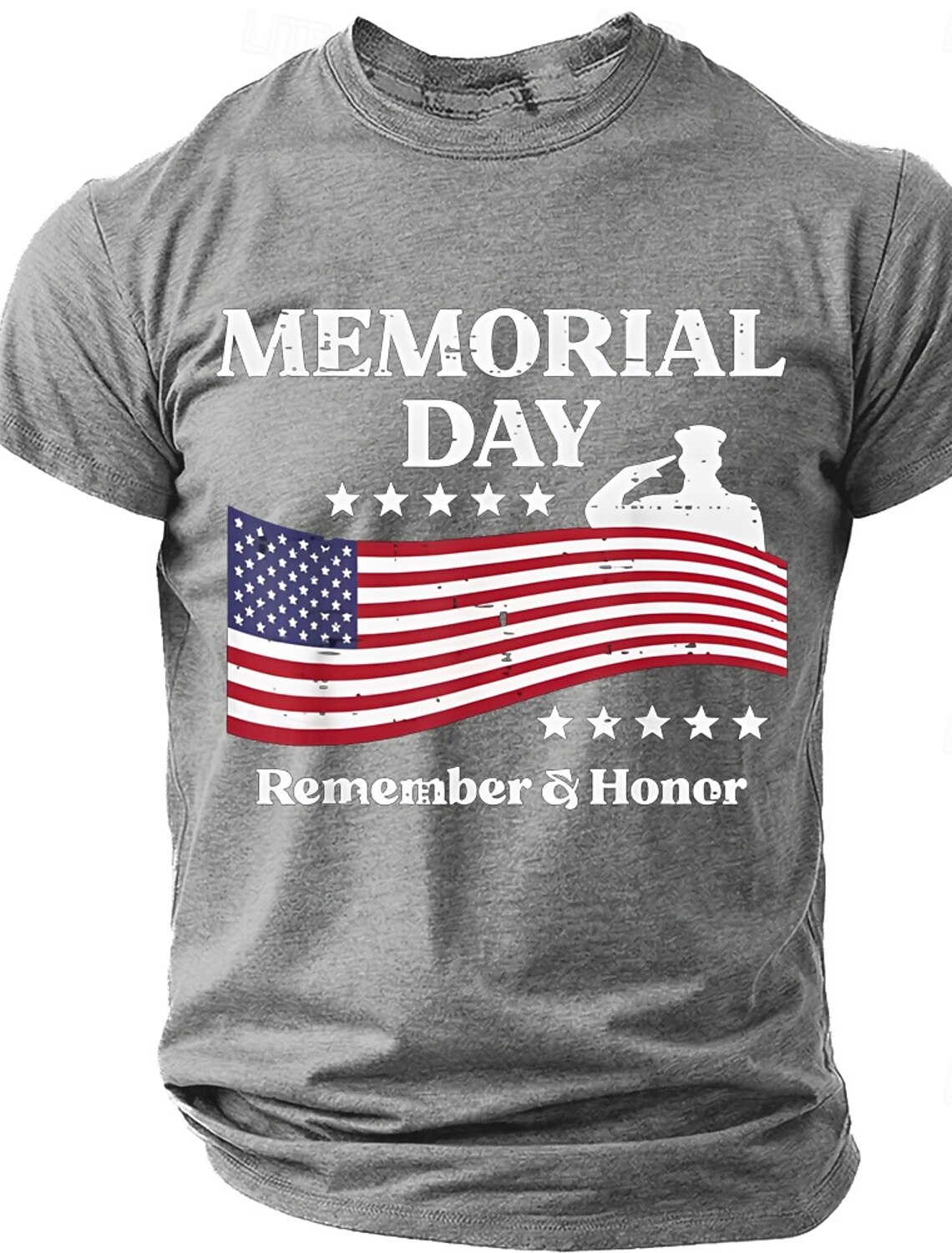 Memorial Day Remember & Honor Men's American Flag Saluting Soldier Patriotic Vintage Graphic T Shirt Short Sleeve Crew Neck Casual Tee Designer Clothing Apparel S M L XL XXL XXXL