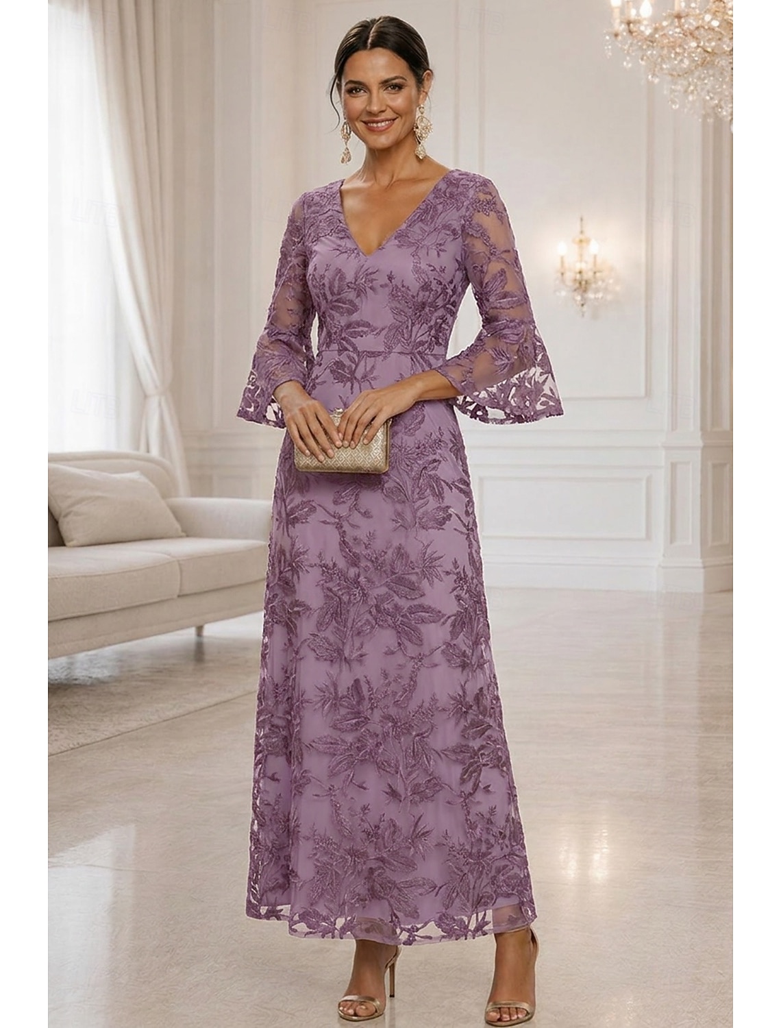 A-Line Dress Floor Length Ankle Length Cocktail Dress Mother of the Bride Dress 3/4 Length Sleeve V Neck Elegant Simple Casual Formal Wedding Guest Semi Formal Lace with Embroidery Appliques
