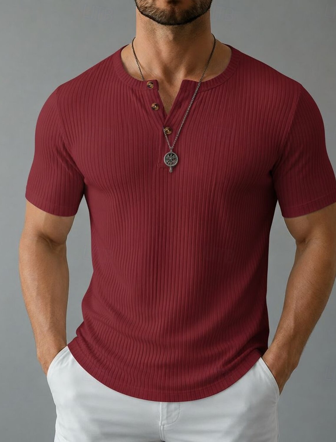 Men's Henley Top Short Sleeve Plain Knitwear Elegant Vacation Ribbed Button-Down Henley Casual Vacation All Seasons Navy Black Pink Henley T-Shirt