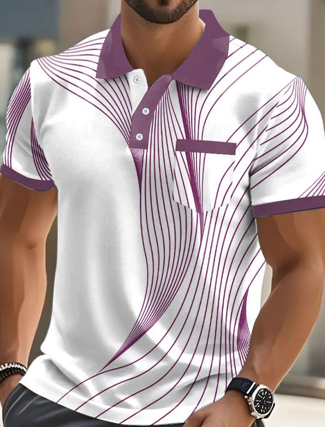 Men's Geometric Polo Long Sleeve Shirts Collared Business Casual