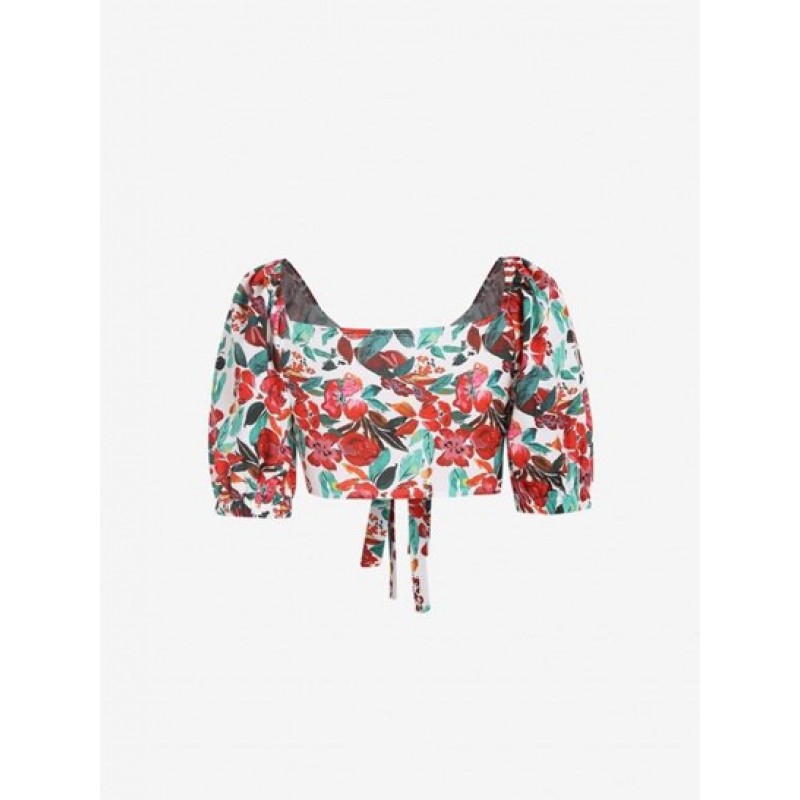 Floral Puff Sleeve Tie Front Cropped Blouse PE0420