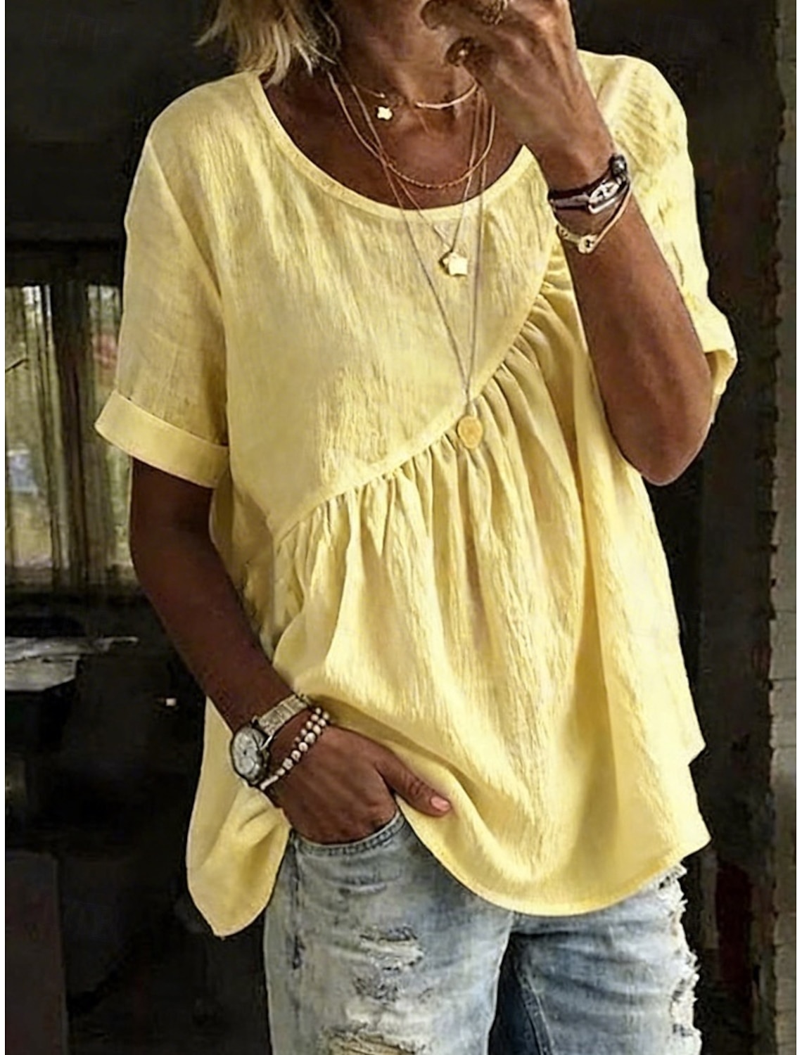 Women's Blouse Cotton Shirt Ruched Solid Color Daily Stylish Basic Short Sleeve Crew Neck Regular Tops Daily Blue White Yellow Pink Green Summer Spring Fall