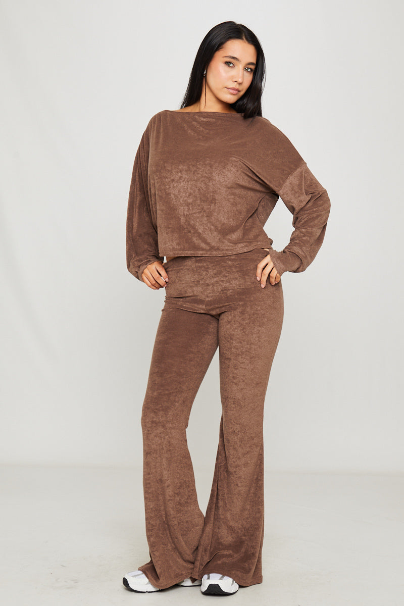 Brown Knitted One Shoulder Top & Pants Loungewear Set