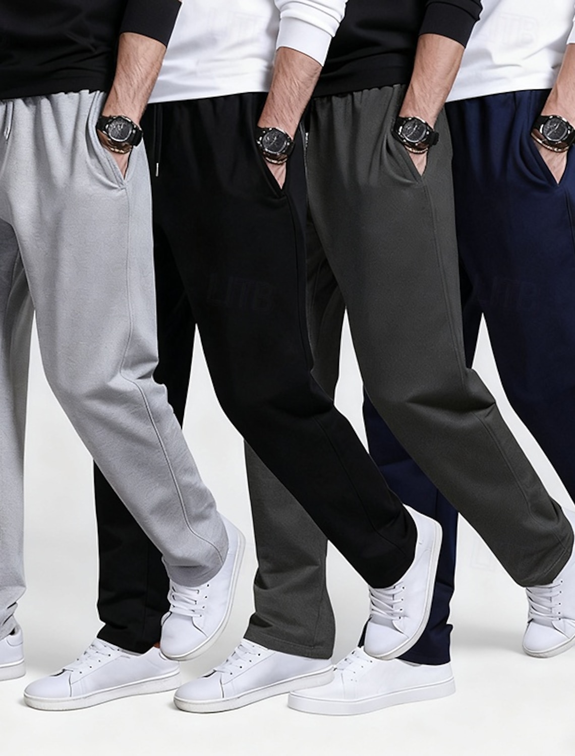 Multi Packs 4pcs Men's Light Grey+Dark Grey+Navy Blue+Black Sweatpants Trousers Drawstring Elastic Waist Plain Vacation Daily Wear Polyester Spring