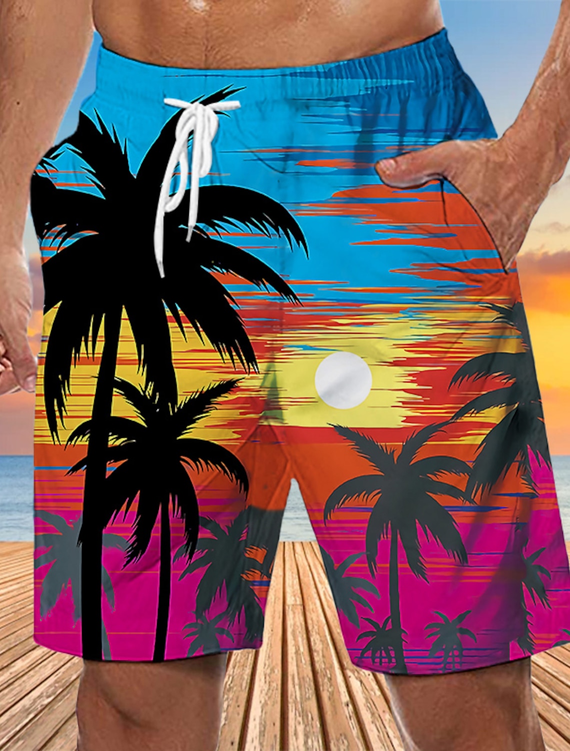 Men's Graphic Coconut Tree Swim Trunks Swim Shorts Board Shorts Mid Waist Streetwear Hawaiian Boho Casual Daily Holiday Drawstring Elastic Waist 3D Print Designer Clothing Apparel