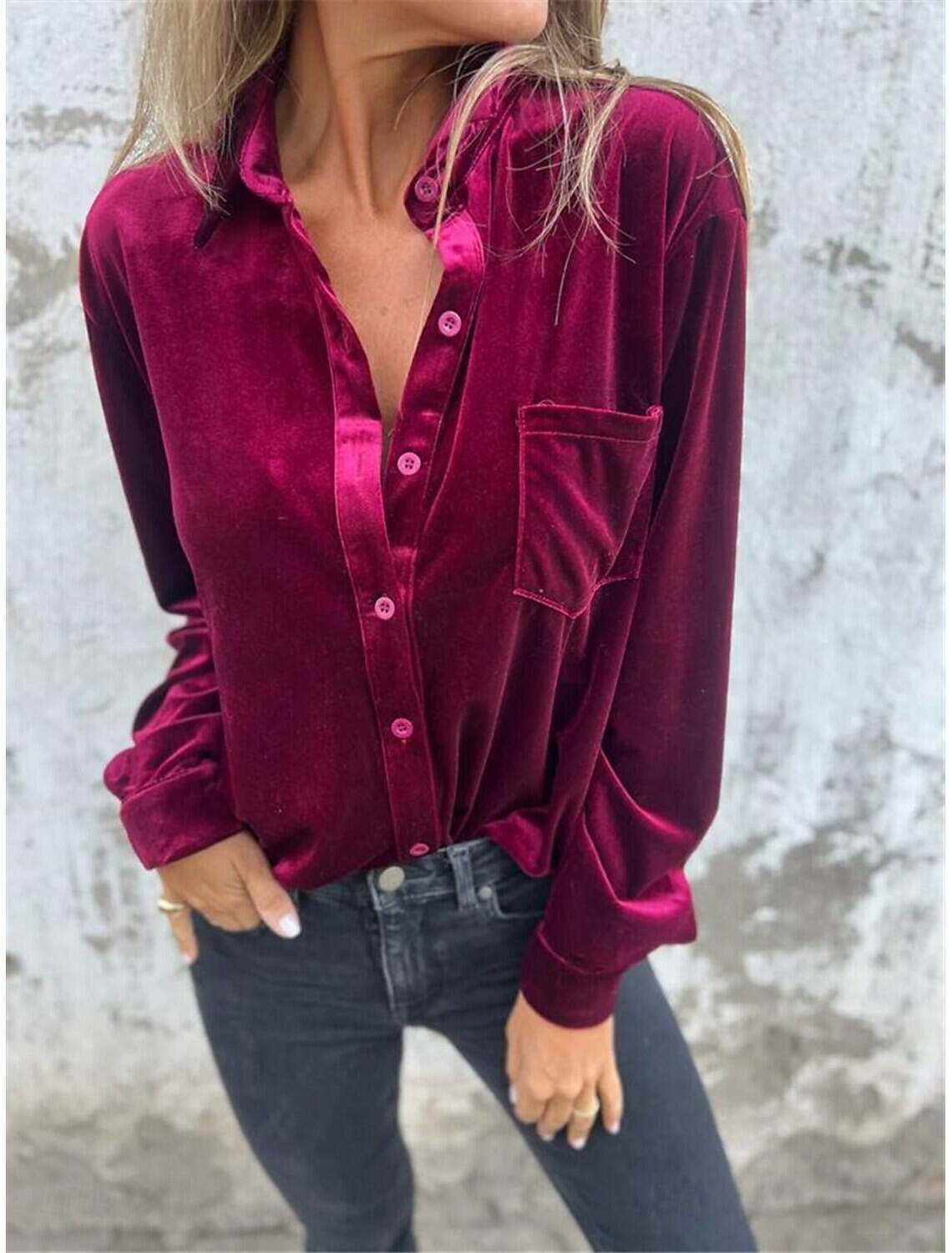 Women's Shirt Blouse Basic Casual Solid Color Regular Tops Long Sleeve Shirt Collar Buttons Regular Fit Daily Fall Winter