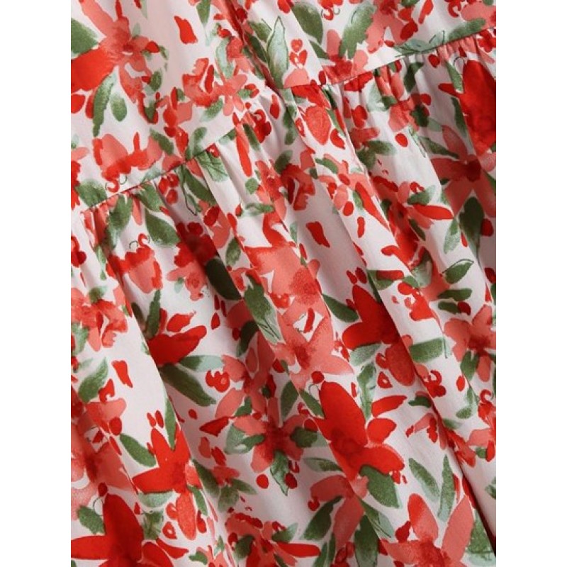 Flower Print Belted Flare Sleeve Maxi Top UM9432