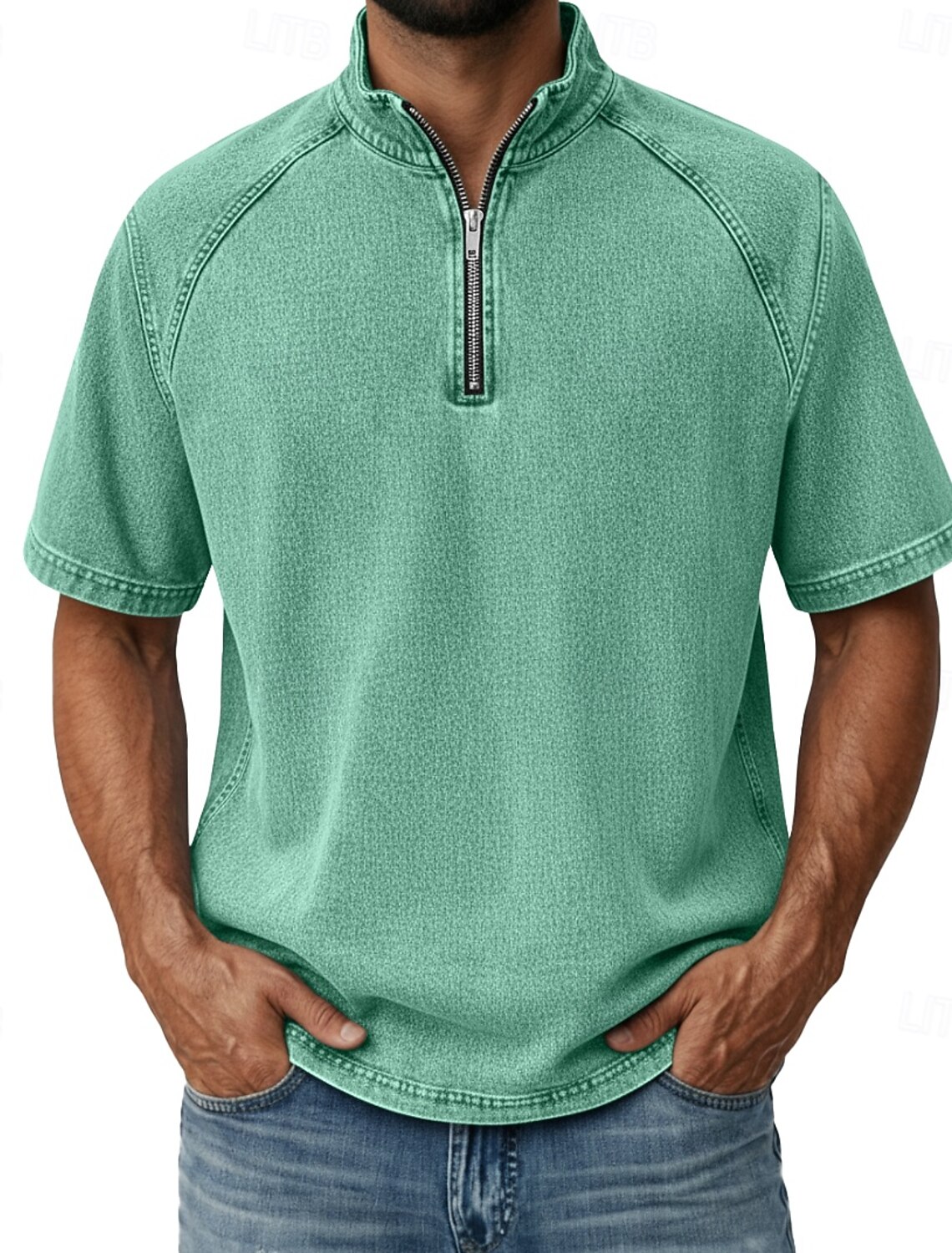 Men's Denim Shirt 100% Cotton Acid Wash Tee Top Short Sleeve Stand