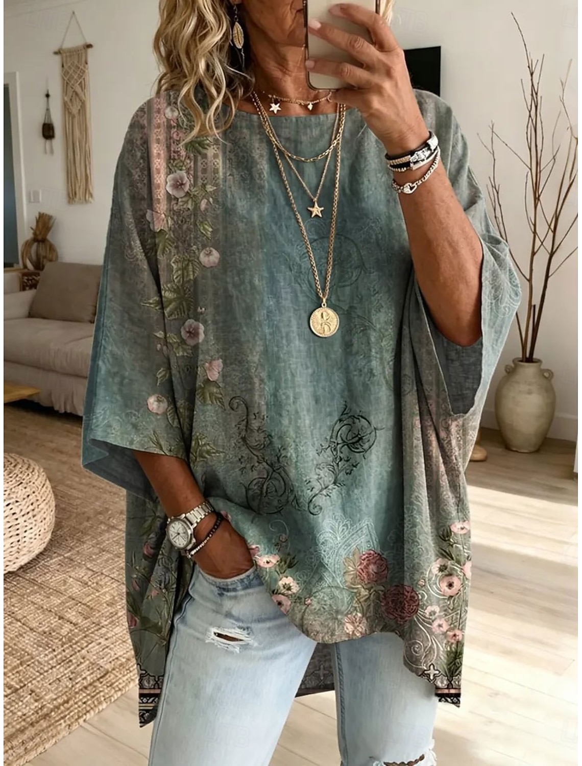 Women's Blouse Print Floral Graphic Bohemia Daily Ethnic 3/4 Length Sleeve Crew Neck Boat Neck Long Tops Casual Daily Holiday Black Pink Purple Green Summer Spring
