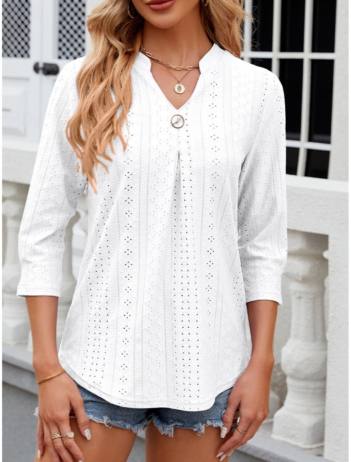Women's Shirt Blouse Stylish Casual Floral Regular Tops Long Sleeve Notched Neck Eyelet Regular Fit Daily Summer Spring