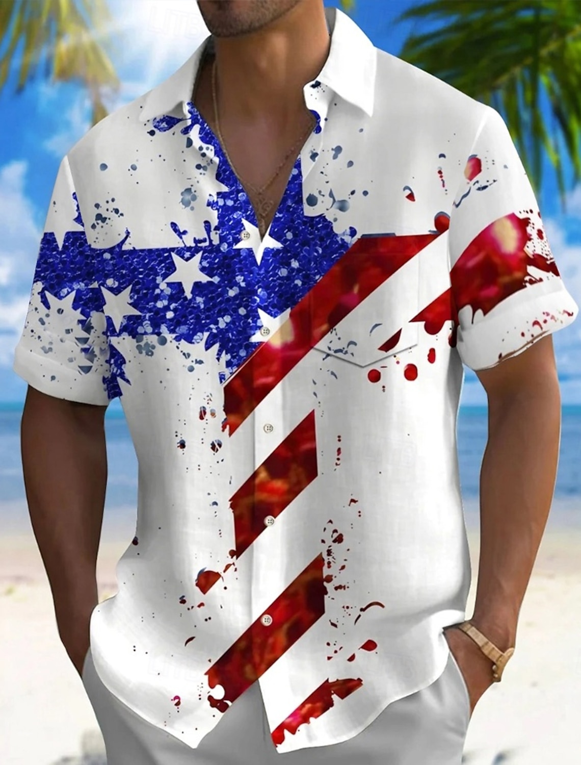 Men's American US Flag 4th of July U.S. 250th Anniversary Patriotic Shirt Button Up Shirt Short Sleeve Fashion Casual Vacation Holiday Beach Wear Summer Spring Turndown 3D Print Collared Shirts White
