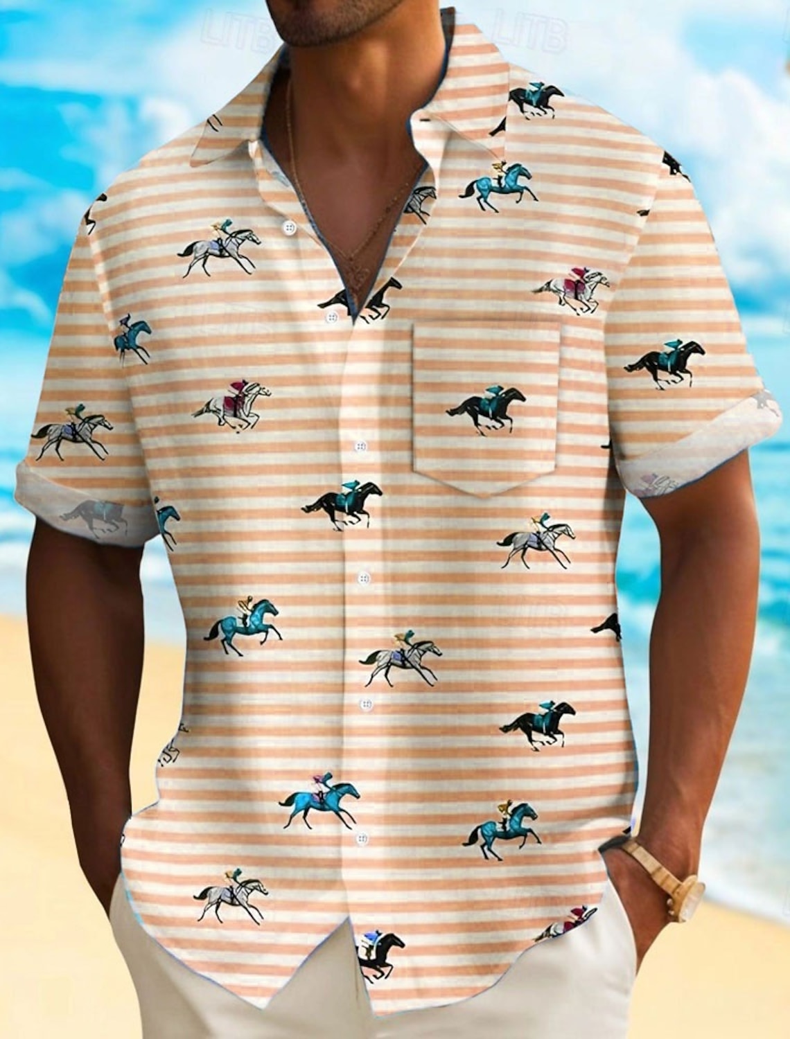 Kentucky Derby Men's Striped Horse Racing Shirt Casual Button Up Short