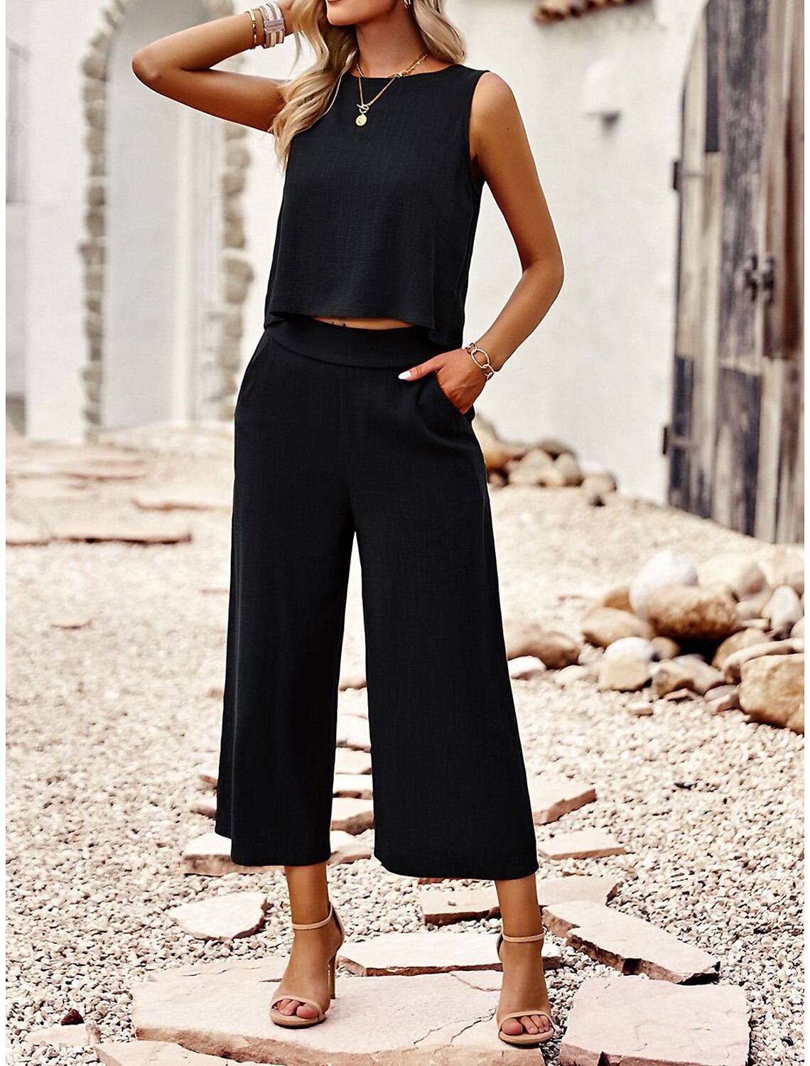 Tank Top Pants Sets Women's Solid Color Casual Daily Fashion Round Neck Regular Fit S