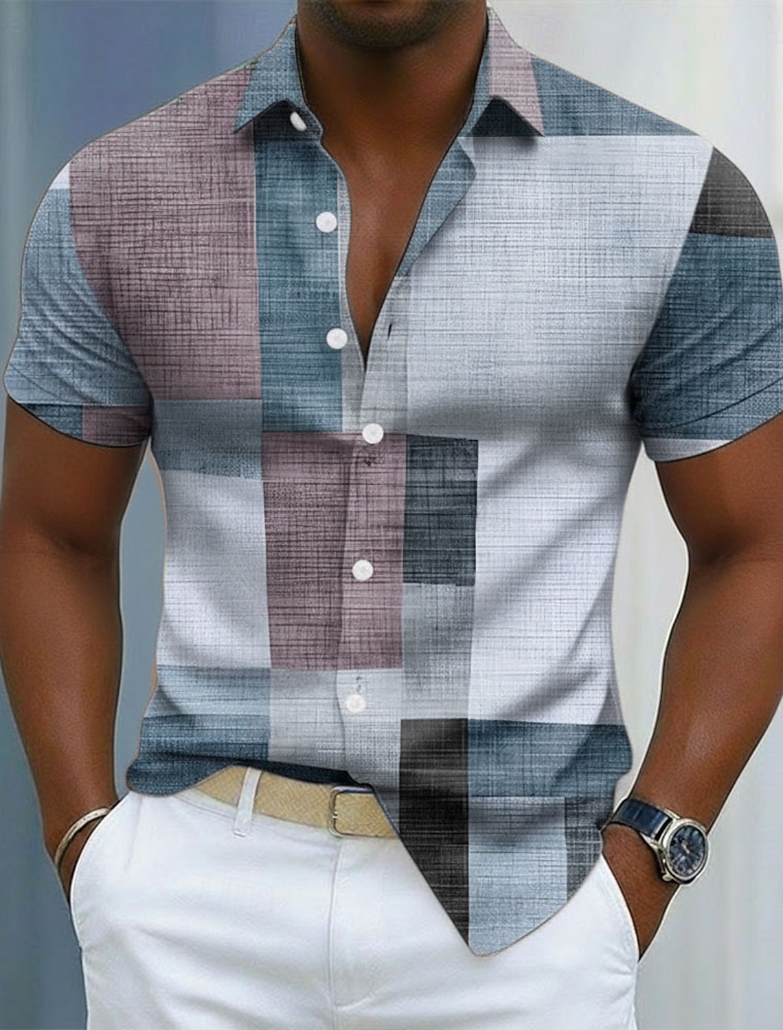 Men's Geometric Color Block Patchwork Shirt Button Up Long Sleeve