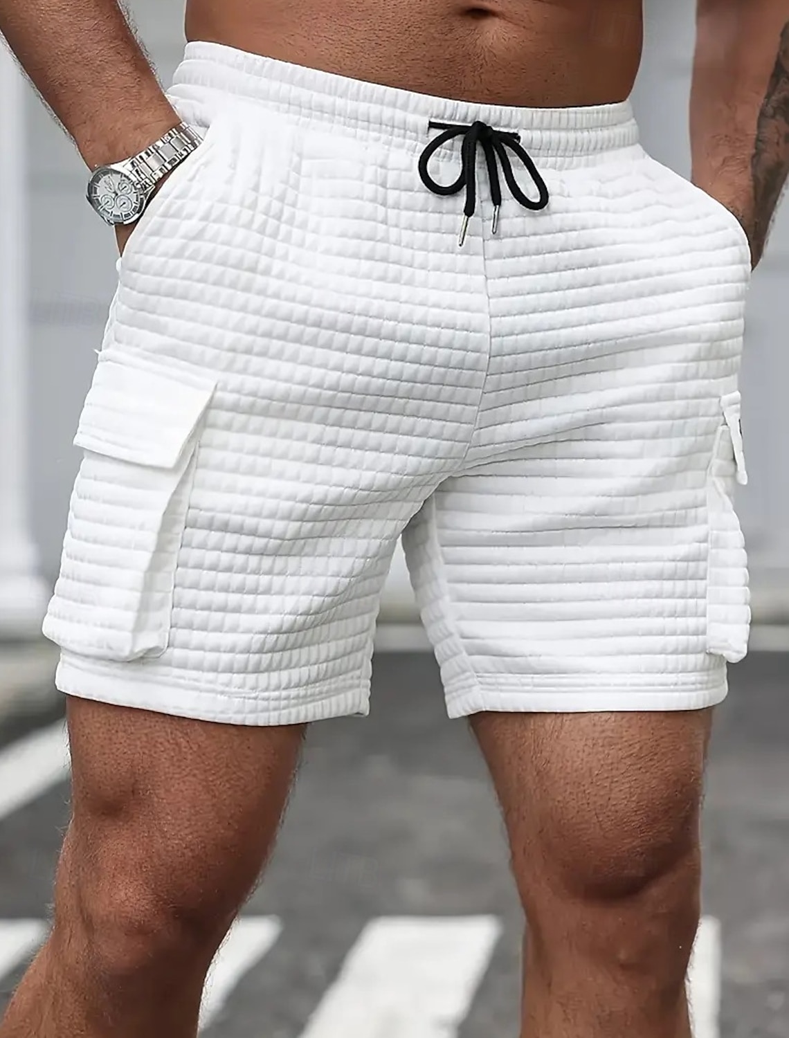 Men's Waffle Shorts Casual Drawstring Pocket Plain Comfort Breathable