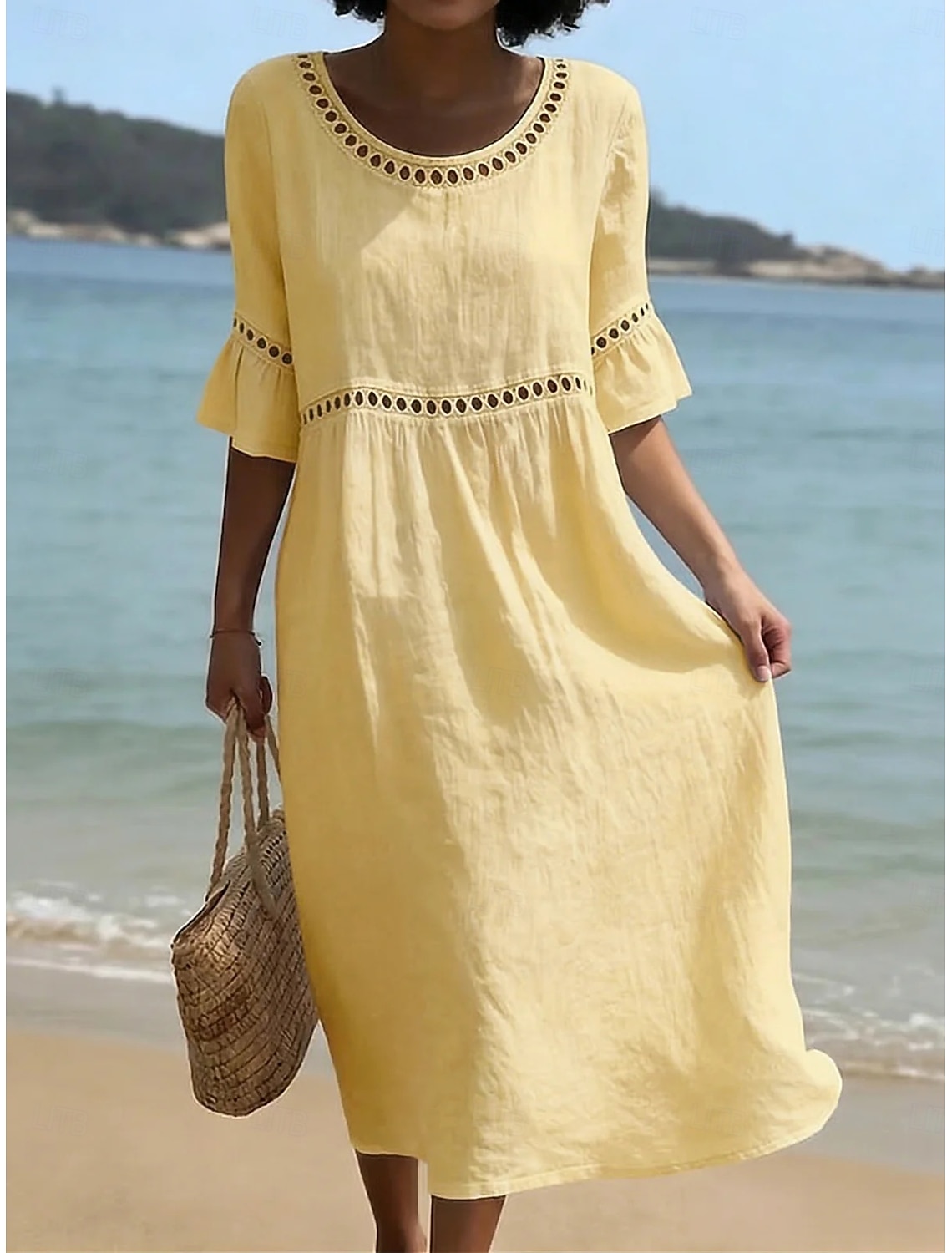 Women's Midi Dress Linen-feel Dresses Shift Dress Summer Dress Classic Casual Daily Loose Fit Plain Short Sleeve Crew Neck Blue Yellow Green Beige Summer Spring