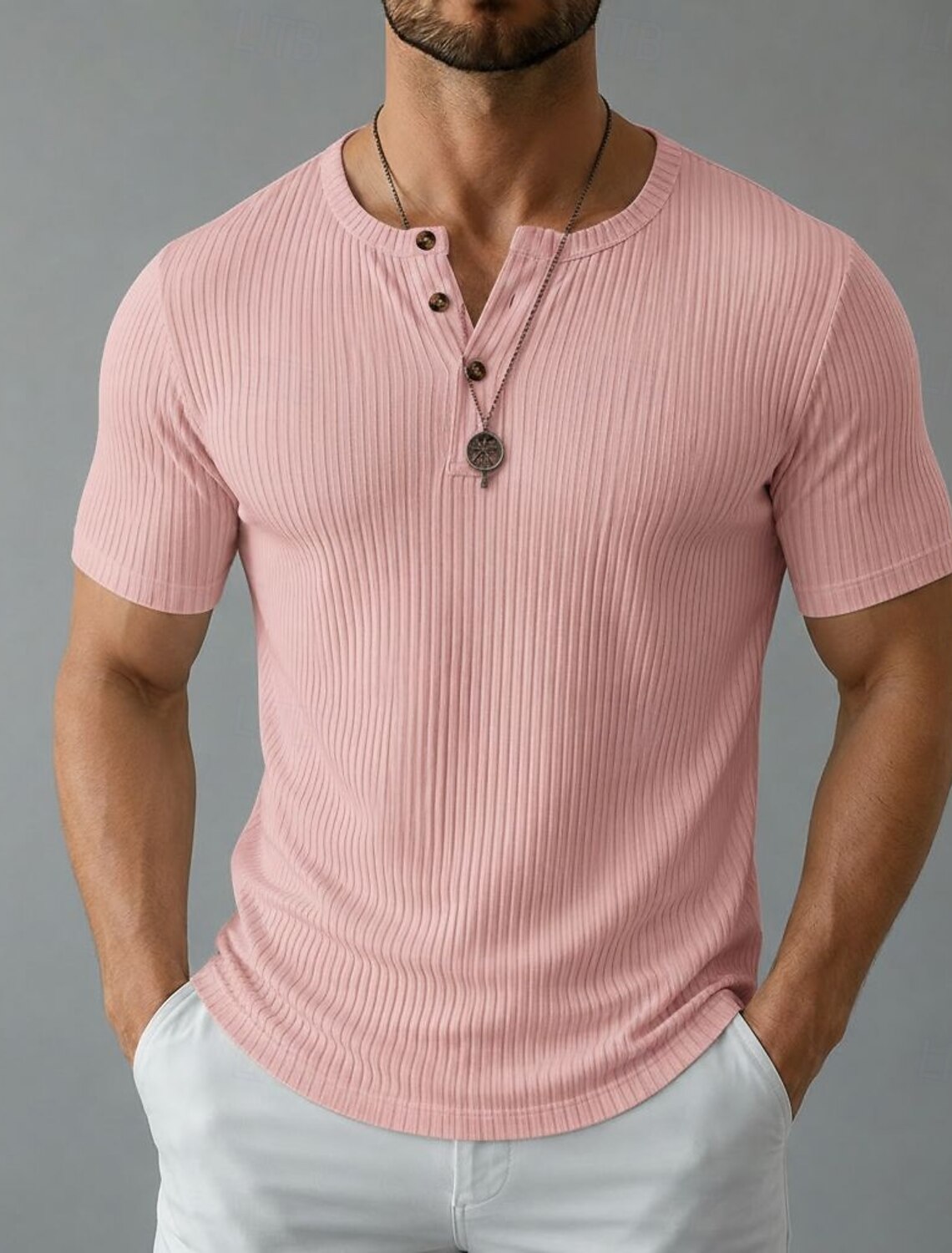 Men's Henley Top Short Sleeve Plain Knitwear Elegant Vacation Ribbed Button-Down Henley Casual Vacation All Seasons Navy Black Pink Henley T-Shirt