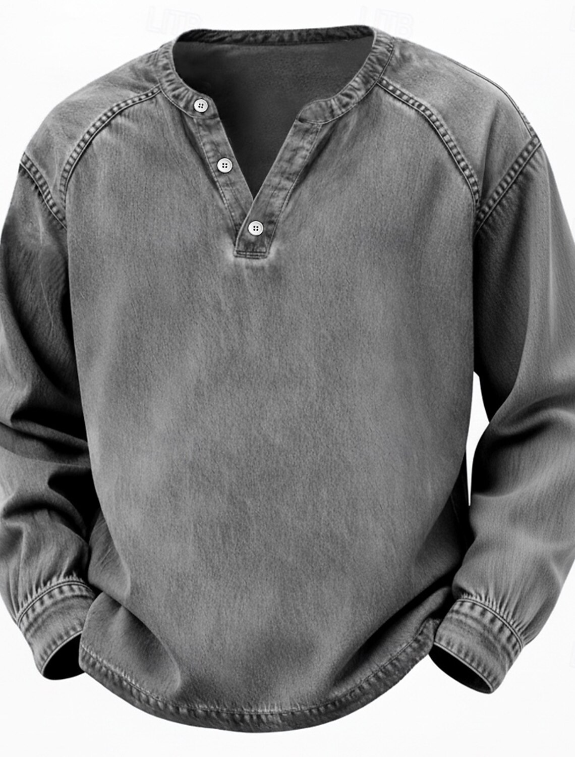 Men's T Shirt Henley 100% Cotton Acid Wash Tee Top Long Sleeve Plai #2