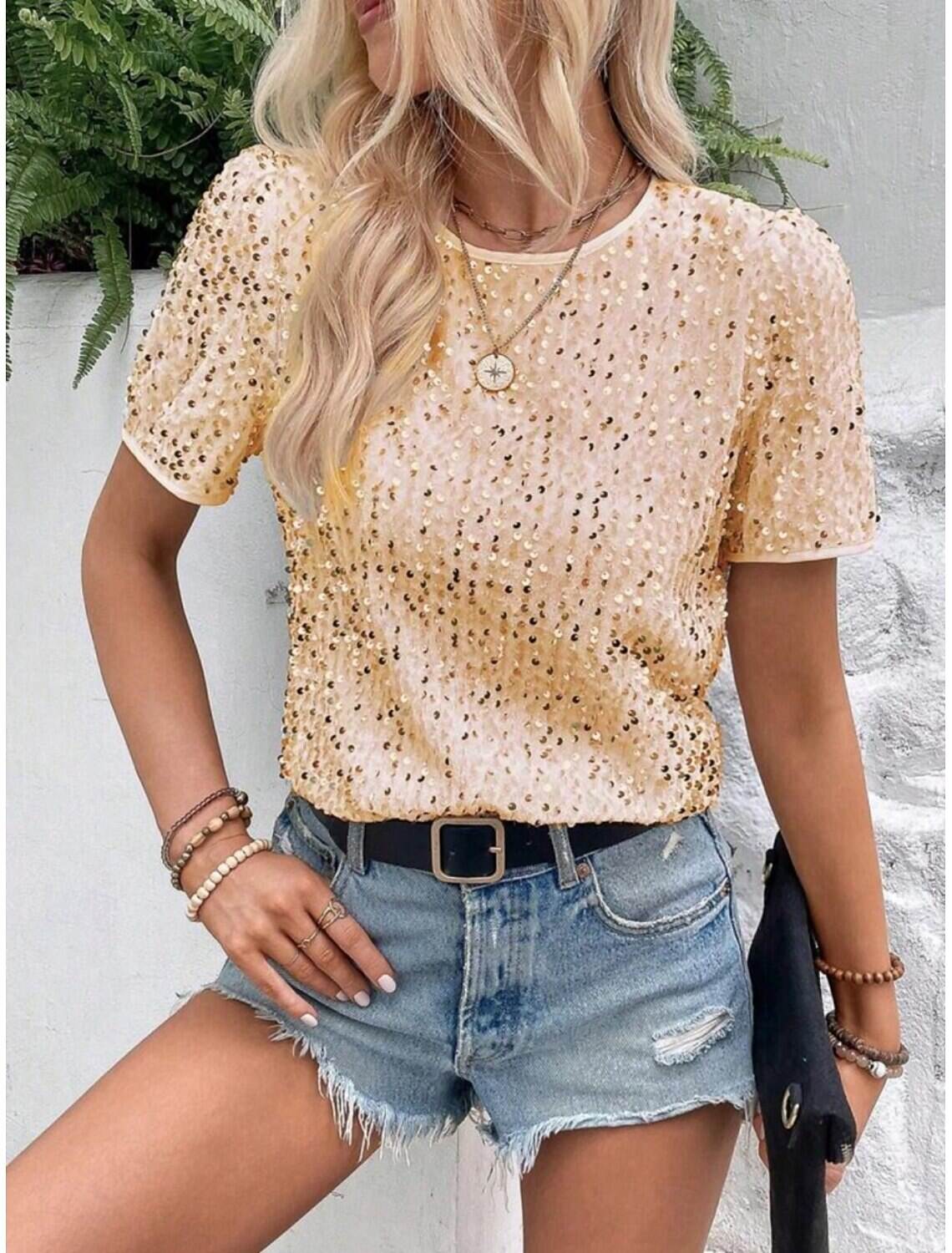 Women's T Shirt Fashion Modern Casual Plain Regular Tops Short Sleeve Crew Neck Sequins Regular Fit Daily Weekend Summer Spring