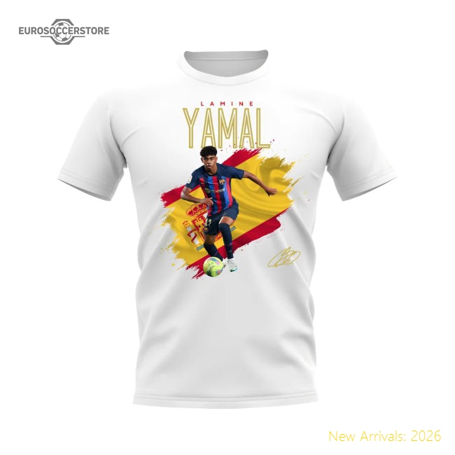 High-Quality Lamine Yamal Barcelona Flag T-Shirt (White)