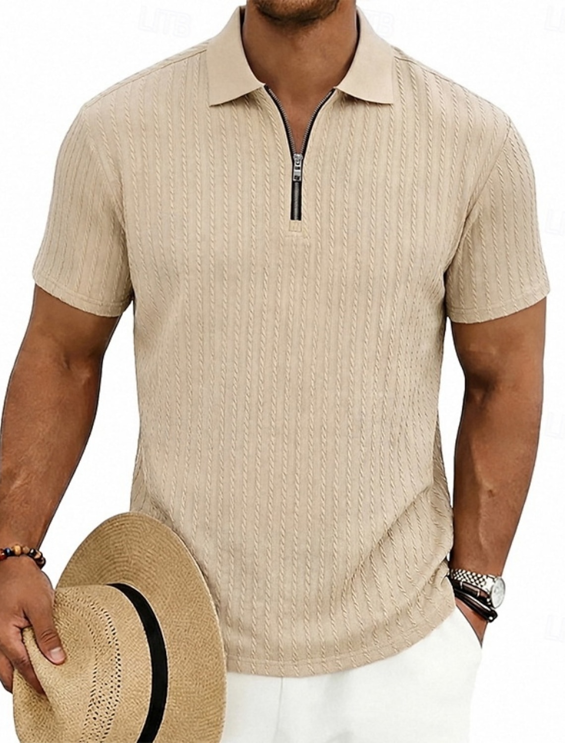 Men's Zip Polo Textured Daily Outdoor Quarter Zip Short Sleeve Fashion Plain Quarter Zip Summer Spring Regular Fit Deep Green Wine Navy Black White khaki Zip Polo