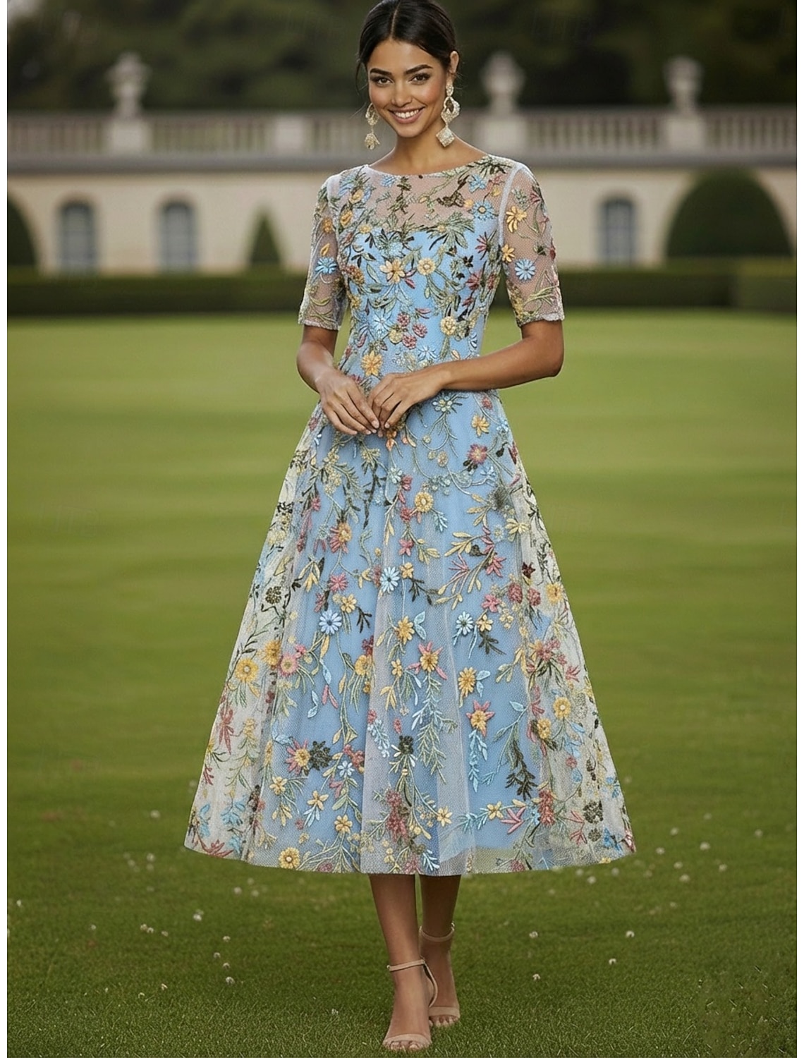 A-Line Dress Tea Length Cocktail Dress Wedding Guest Dress Mother of the Bride Dress Half Sleeve Crew Neck Boat Neck Elegant Casual Formal Kentucky Derby Semi Formal Tulle with Embroidery Appliques
