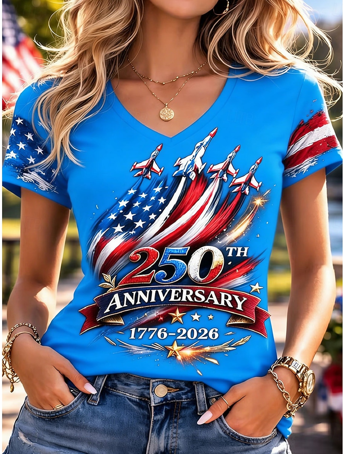 American Independence Day Women's T Shirt Print Graphic Flag Vintage Stylish Classic Short Sleeve V Neck Regular Tops Daily Blue White Red Summer Spring