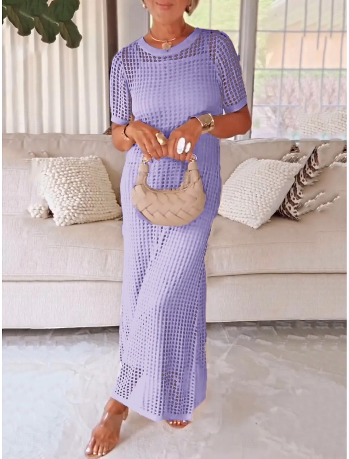 Women's Long Dress Maxi Dress Cut Out Dress Summer Dress Elegant Fashion Modern Outdoor Vacation Going out Regular Fit Plain Short Sleeve Crew Neck Black White Pink Purple Summer Spring
