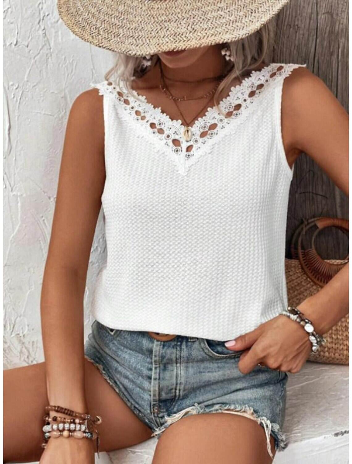 Women's Shirt Dressy Tops Stylish Lace Eyelet Sleeveless Sleeveless V Neck Daily Summer