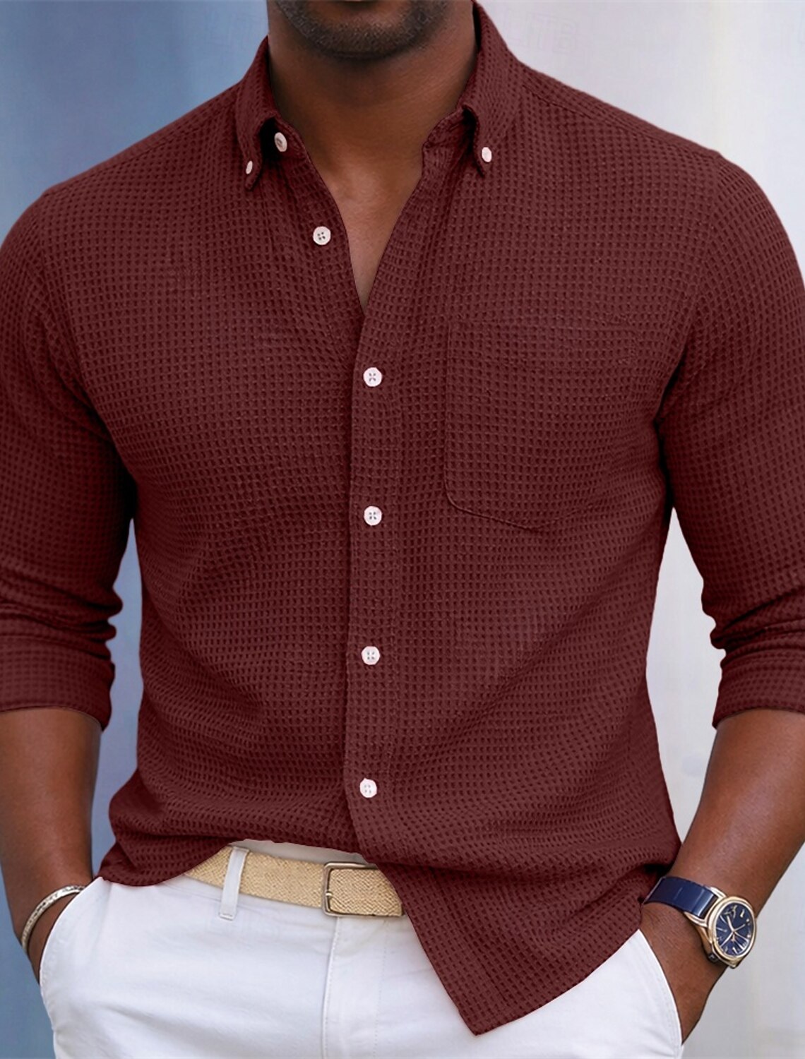 Men's Shirt Waffle Texture Casual Button Up Blue Pink Burgundy Navy