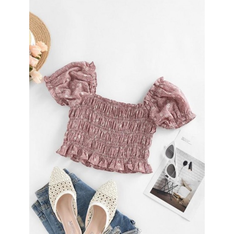 Flower Print Shirred Ruffle Puff Sleeve Blouse CH6665