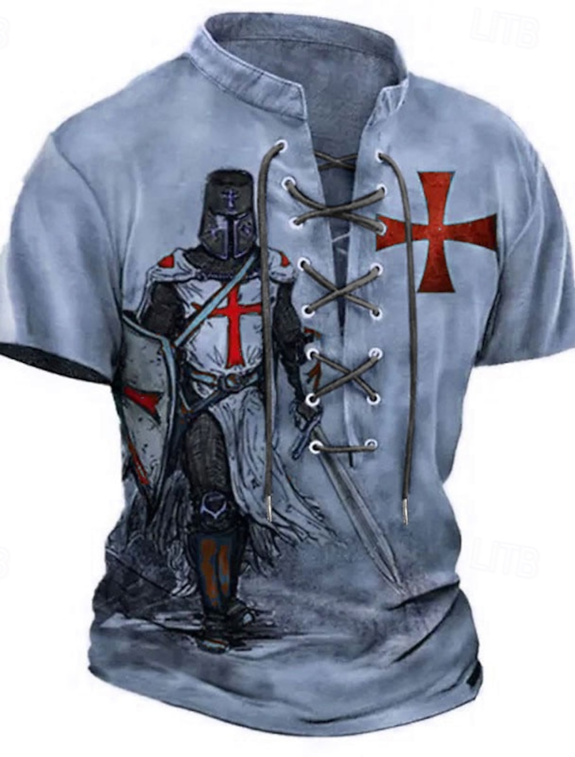 Knights Templar Crusader Armor Red Cross Raven Men's Medieval Renaissance Vintage Gothic Henley Shirt All Over Print Lace Up Short Sleeve Renaissance Faire Cosplay Costume Streetwear Designer Clothing