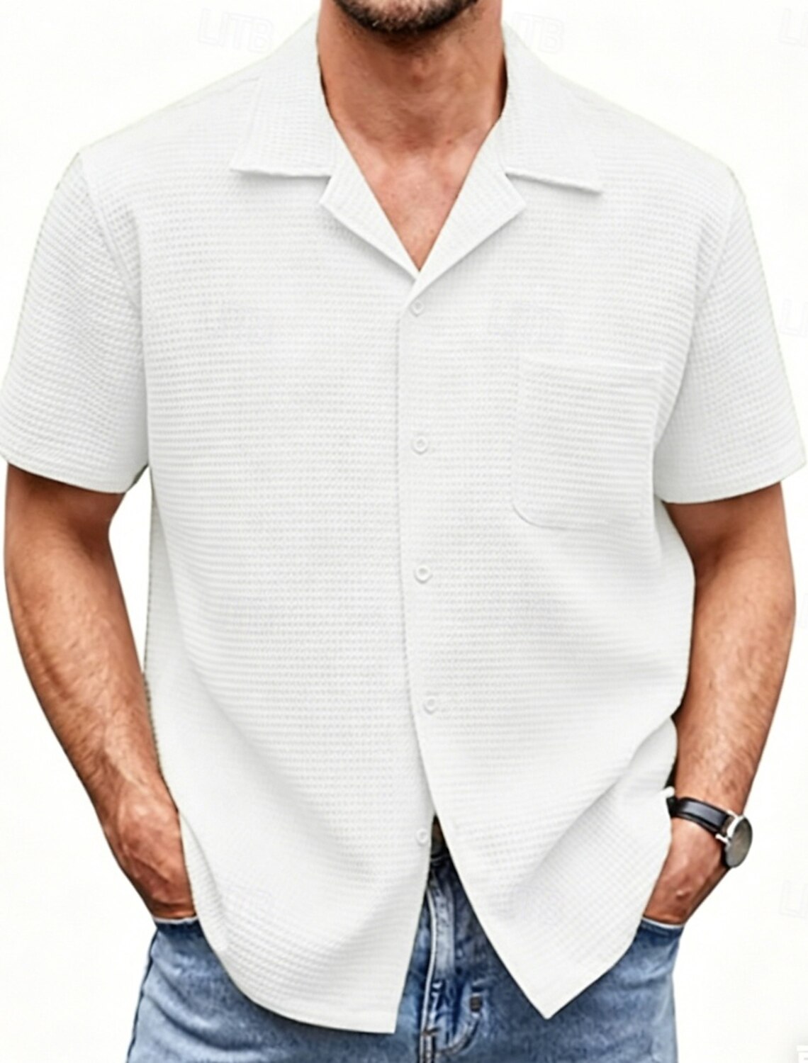Men's Shirt Waffle Shirt Casual Shirt Button Up Shirt Jacquard Shirt Black White Pink Navy Blue Purple Short Sleeve Plain Shirt Collar Casual Daily Front Pocket Clothing Apparel Elegant Fashion Casual