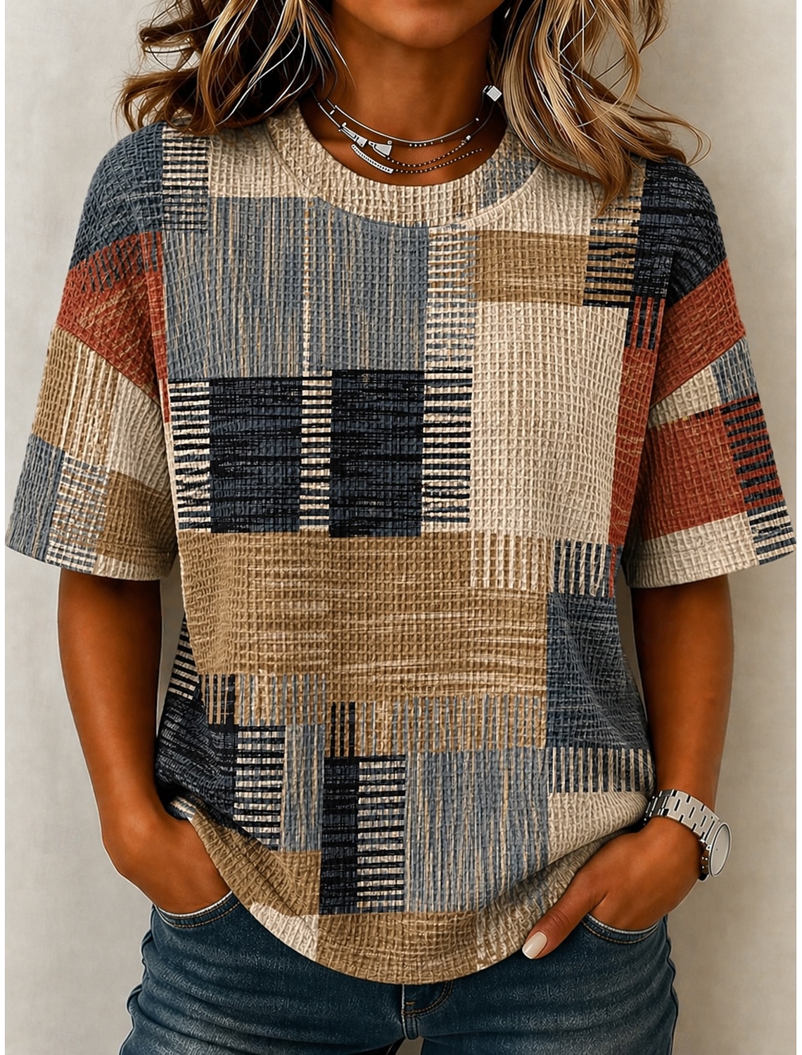 Women's Waffle T-shirt Textured Knit Tops T Shirt Summer Tops Drop Shoulder Print Graphic Geometric Plaid Vintage Stylish Classic Short Sleeve Crew Neck Round Neck Regular Tops Casual Daily Pink
