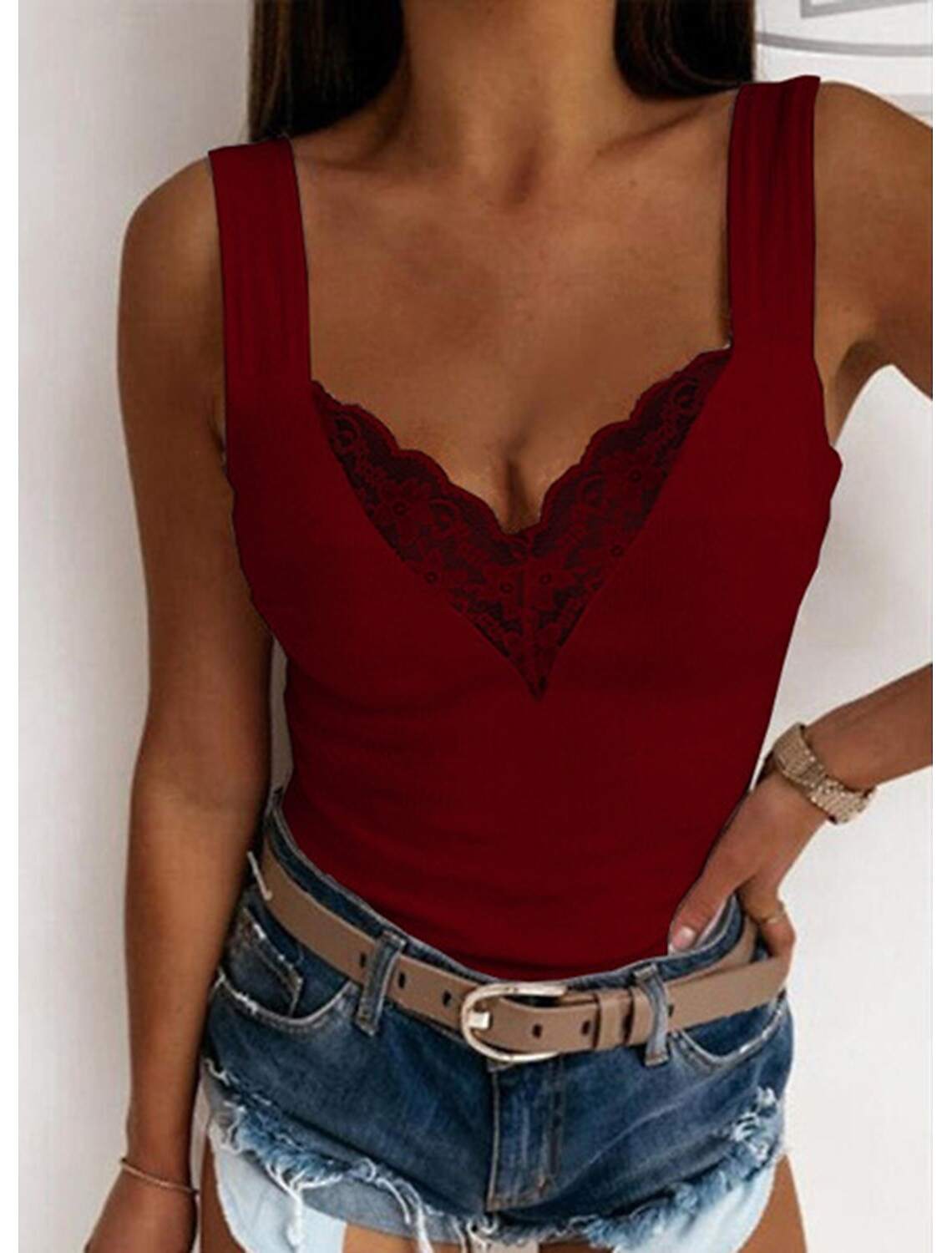 Women's Tank Top Going Out Tops Camis Concert Tops Plain Patchwork Lace Trims Sleeveless Party Daily Basic Sexy Sweetheart Regular S