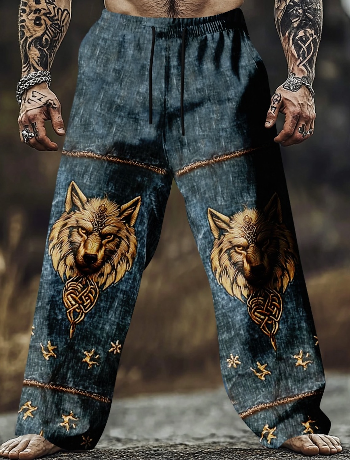 Men's Wolf Viking Celtic Art Trousers Baggy Pants Casual Mid Waist
