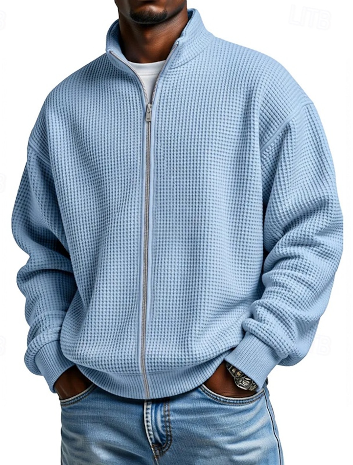 Men's Sweatshirt Waffle Sweatshirt Pullover Hoodie Sweatshirt Pullover Full Zip Sweatshirt Black Navy Blue Light Blue Standing Collar Plain Textured Casual Daily Sports & Outdoor Polyester Streetwear