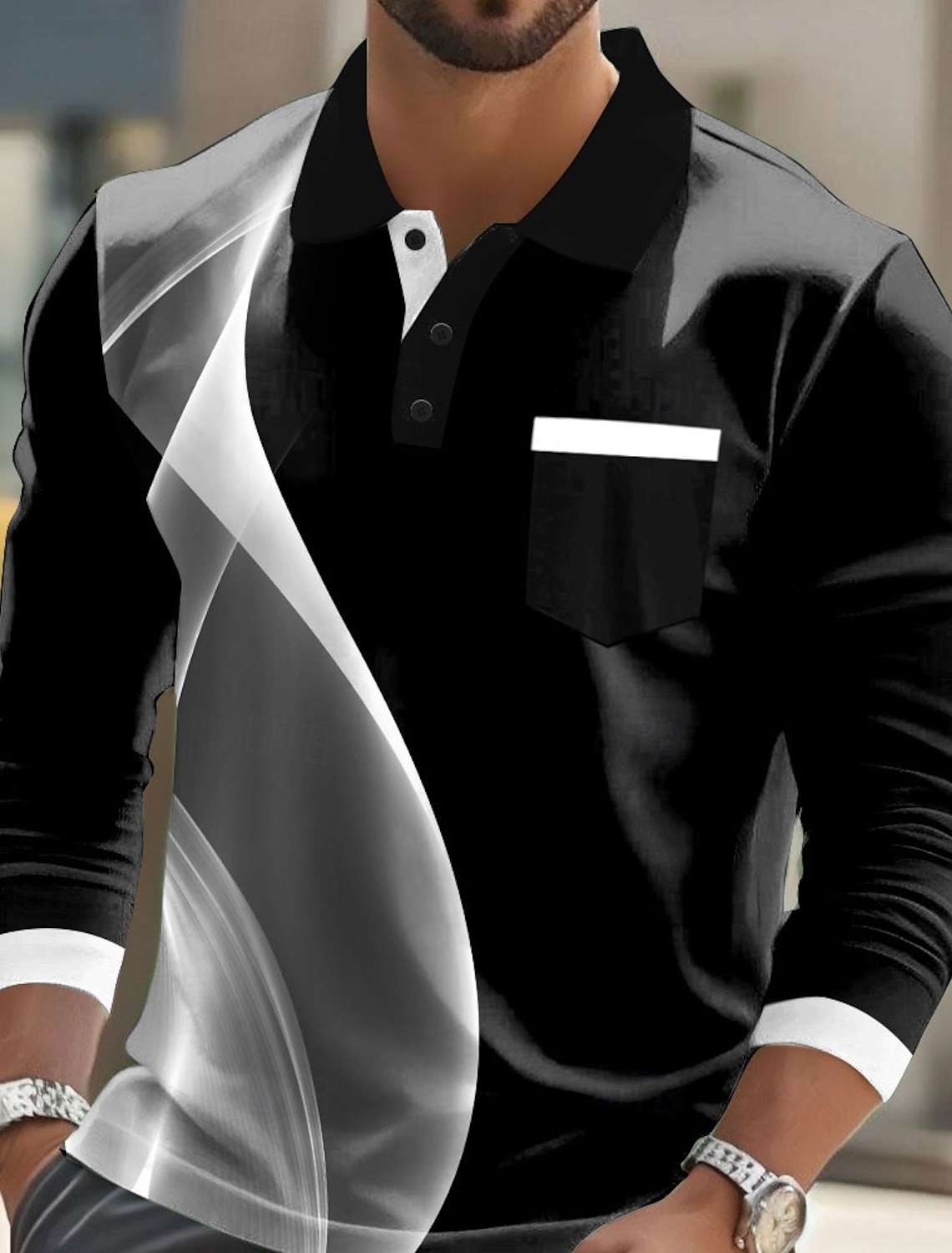 Men's Geometric Polo Long Sleeve Shirts Lapel Casual Business