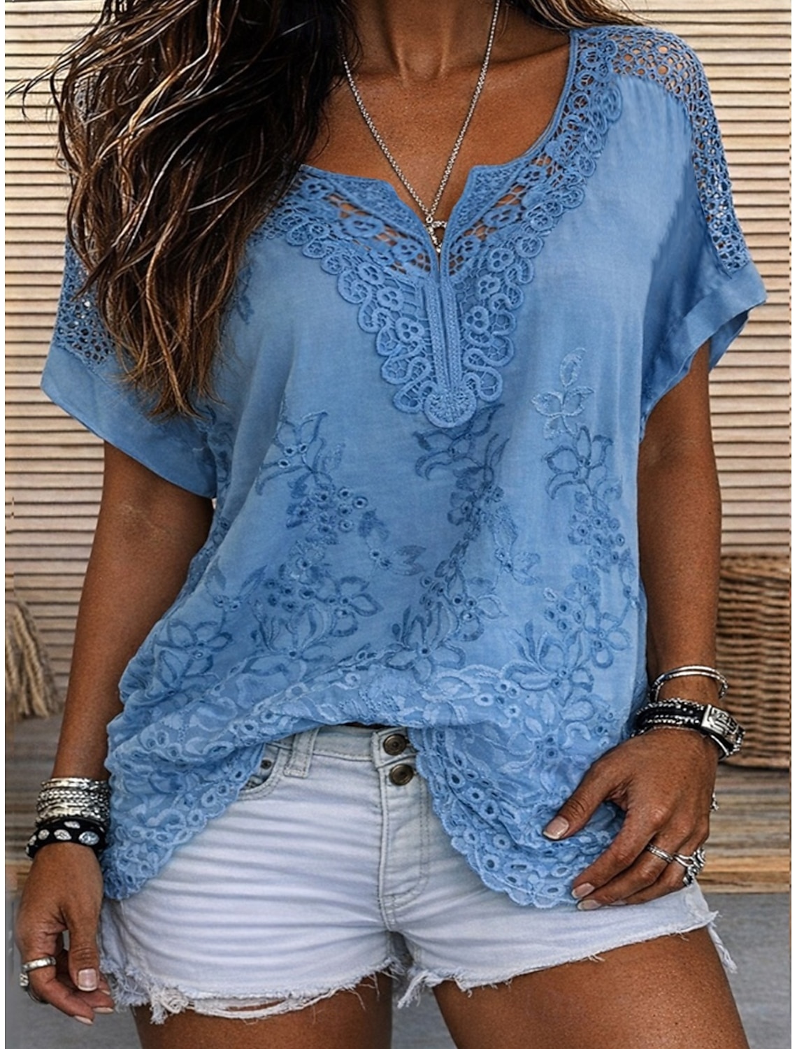 Women's Blouse Lace Solid Color Stylish Casual Short Sleeve V Neck Regular Tops Daily Blue Black White Orange Grey Summer Spring Fall