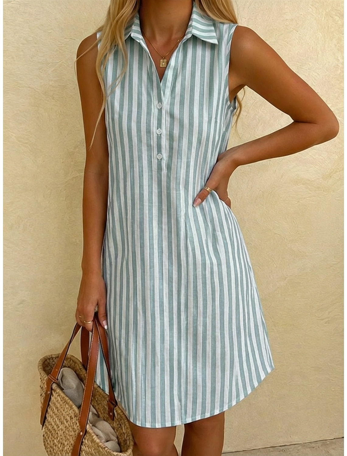 Women's Knee Length Dress Shirt Dress Casual Dress Striped Dress Elegant Fashion Daily Vacation Regular Fit Striped Short Sleeve Mandarin Collar Red Navy Blue Gray Light Blue Summer Spring