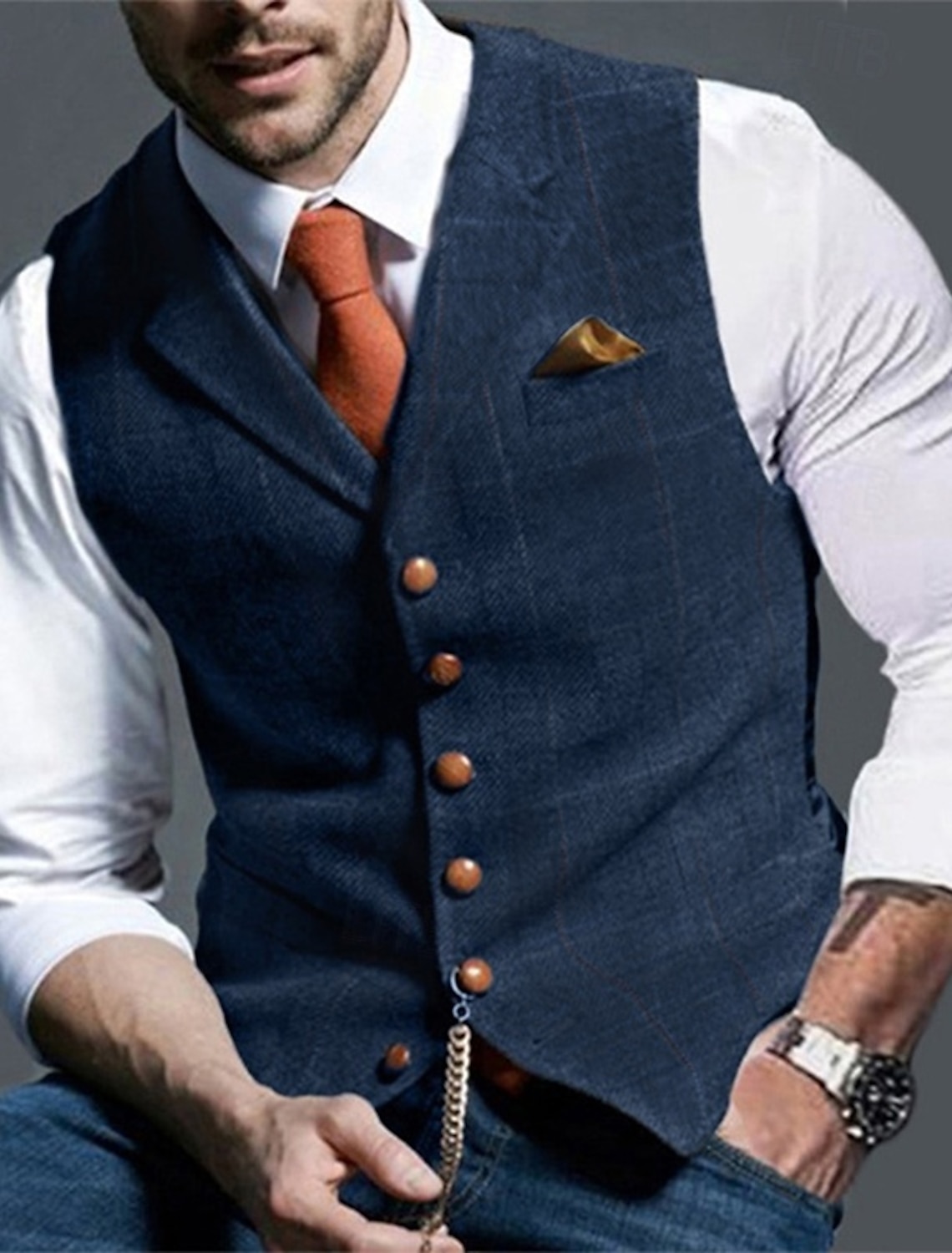 Men's Vest Tweed Vest Waistcoat Vintage Fashion Spring & Fall Buttons Wool Blend Comfortable Plain Single Breasted V Neck Regular Fit Deep Green Navy Dark Gray Light Grey Vest