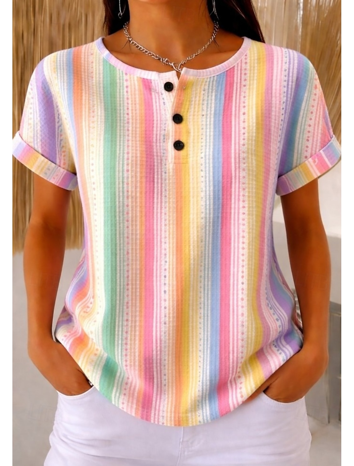 Women's Waffle Textured Knit Tops T Shirt Color Block Print Graphic Geometric Stylish Classic Short Sleeve Crew Neck Round Neck Daily Sports Weekend Light Brown Rainbow Red / Blue Summer Spring