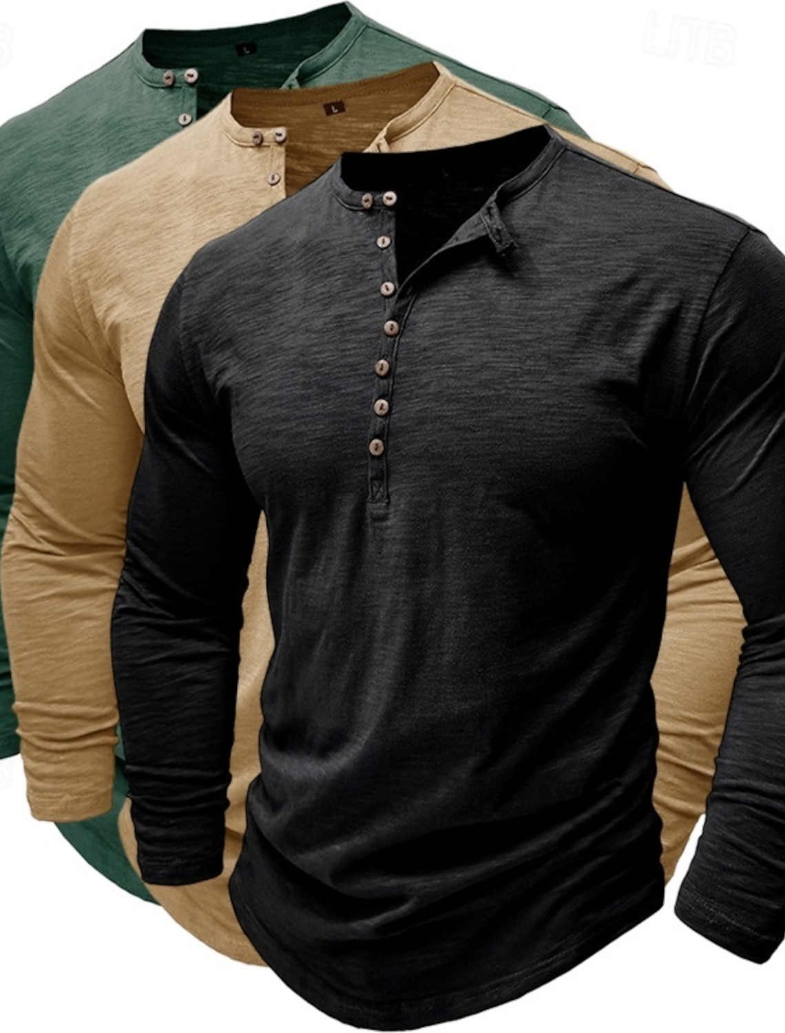 3pcs Men's Henley Shirt Tee Top Long Sleeve Solid Color Fashion Daily