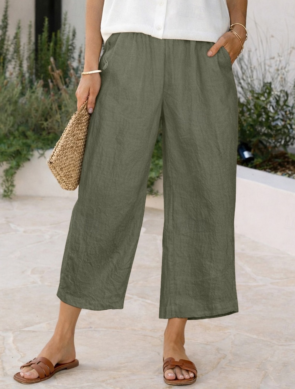 Women's Linen-feel Pants Capri Pants Trousers Summer Shorts Vacation Fashion Basic Full Length High Waist Solid Color Plain Pocket Wide Leg Elastic Waistband Comfort Soft Breathable Inelastic
