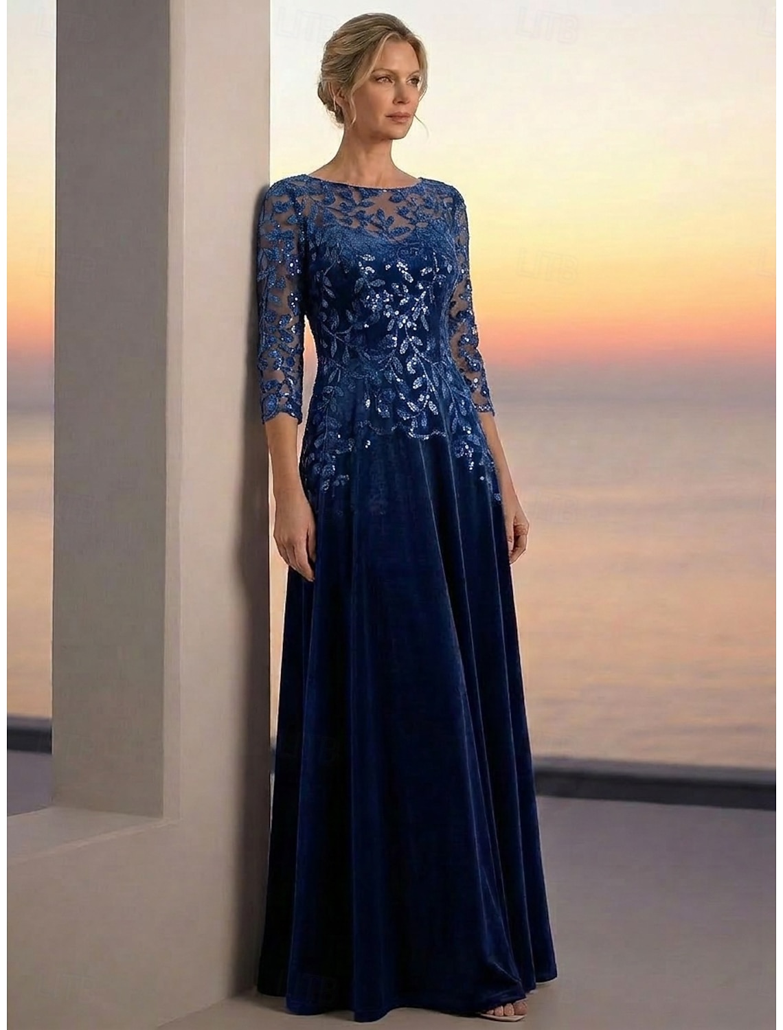 A-Line Dress Floor Length Ankle Length Cocktail Dress Mother of the Bride Dress Long Sleeve Illusion Neck Elegant Luxurious Sparkle & Shine Formal Wedding Guest Semi Formal Tulle Velvet with Beading