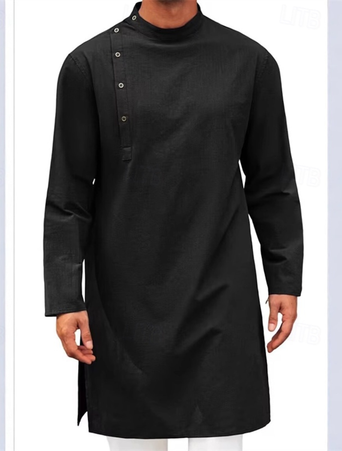 Men's Loungewear Nightgown Nightshirt Plain Stylish Comfort Home Daily Cotton Breathable Stand Collar Long Sleeve Spring Fall Black White